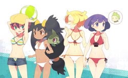 10s 4girls ball beachball bianca_(pokemon) bikini blush breasts burgundy_(pokemon) cabernet_(pokemon) cilan_(pokemon) cleavage closed_eyes creatures_(company) denim denim_shorts dent_(pokemon) feille female female_only front-tie_top game_freak georgia_(pokemon) halter_top halterneck hat iris_(pokemon) kibago langley_(pokemon) long_hair medium_breasts multiple_girls navel nintendo open_fly pokemon pokemon_(anime) pokemon_(game) pokemon_(species) pokemon_bw pokemon_bw_(anime) short_shorts shorts side-tie_bikini striped striped_bikini striped_swimsuit swimsuit unzipped very_long_hair