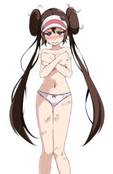 1girls bangs bare_arms bare_legs bare_shoulders blue_eyes blush bow bow_panties breasts brown_hair bruise cleavage collarbone covering covering_breasts creatures_(company) crossed_arms crying crying_with_eyes_open cuts double_bun embarrassed embarrassed_nude_female enf female female_only game_freak injury knees_together_feet_apart lavender_panties looking_at_viewer medium_breasts messy_hair navel nintendo no_pants no_shirt panties pink_bow pokemon pokemon_(game) pokemon_bw2 rosa_(pokemon) sidelocks simple_background solo solo_female solo_focus sweatdrop tears tsukishiro_saika twintails underwear underwear_only visor_cap white_background