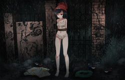 1girls arms_behind_back barefoot black_eyes black_hair bondage bondage bound bound_arms breasts cleavage creatures_(company) crying crying_with_eyes_open empty_eyes feet female female female_only game_freak great_ball hat navel nintendo outdoors panties poke_ball pokemon pokemon_(game) pokemon_sm rain raining rope selene_(pokemon) short_hair solo solo_female standing tears tsukishiro_saika underwear wet wet_clothes wet_panties