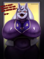 absurd_res anthro big_breasts bovid breasts caprine clothed clothing english_text female goat hi_res huge_breasts looking_at_viewer mammal nipples open_mouth sinamoncake1 solo star_pupils text toriel translucent translucent_clothing undertale video_games