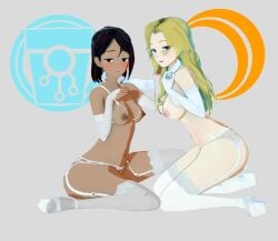 3d black_hair blonde_hair blue_eyes blush bridal_gauntlets brown_eyes chocolate_and_vanilla dark-skinned_female fatallyobsessed light-skinned_female lingerie looking_at_viewer rwby saphron_cotta-arc terra_cotta-arc white_legwear white_panties yuri