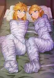 1boy1girl arms_behind_back bed blonde_hair bondage breath_of_the_wild duo female femsub humanoid hylian link link_(breath_of_the_wild) looking_at_another lying lying_on_bed male male_and_female_subs malesub multiple_subs mummification nintendo pale_skin pointy_ears princess_zelda short_hair smile spider_web submissive_male tears_of_the_kingdom the_legend_of_zelda yuehei_dao zelda_(tears_of_the_kingdom)