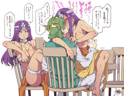 1boy 2girls areolae armor bikini_armor blush breasts chair circlet cleavage clothed_sex clothing cowgirl_position cuckquean dark_skin dragon_quest dragon_quest_iv girl_on_top hero_(dq4) kissing large_breasts long_hair maya_mahabala meena_mahabala mizuryuu_kei multiple_girls nipples pelvic_curtain purple_eyes purple_hair sitting sitting_on_lap sitting_on_person translation_request waiting_for_turn watching