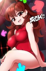 1girls big_breasts breasts brown_eyes brown_hair dress eye_contact female friday_night_funkin gameplay_mechanics girlfriend_(friday_night_funkin) iryanic looking_at_viewer red_dress red_nails sitting solo thick_thighs thighs tight_clothing