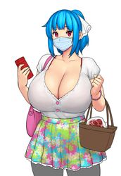 big_breasts blue_hair errorkazoo female huge_breasts mask red_eyes rina_atherina_(errorkazoo) solo white_background