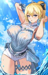 1girls 2021 arms_up blonde_hair blue_eyes blue_sky blue_topwear bow breasts female female_focus female_only genshin_impact hi_res hips huge_breasts jean_gunnhildr jean_gunnhildr_(sea_breeze_dandelion) light_blush looking_at_viewer loooyd medium_hair nipples_visible_through_clothing outdoors ponytail see-through see-through_clothing slim_waist thick_thighs thigh_strap thighs water wet white_bottomwear wide_hips