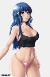 1girls aged_up big_breasts blue_eyes blue_hair breasts dawn_(pokemon) female leonart lingerie long_hair looking_at_viewer nintendo pantalla pokemon pokemon_dppt skindentation solo standing thick_thighs wide_hips