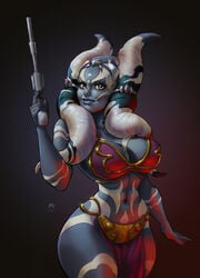 belly_dancer belly_dancer_outfit blue_skin child_bearing_hips gun harem_girl harem_outfit hourglass_figure kseniaharlequin large_breasts loincloth looking_at_viewer original_character slave_bikini slave_outfit star_wars togruta voluptuous wide_hips