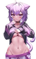 1girls blush breasts cat_ears catgirl clothing collar deaver hololive hololive_gamers hololive_japan kemonomimi lifting_shirt navel nekomata_okayu purple_eyes purple_hair shirt_lift short_hair solo sweater tail teasing tongue tongue_out underboob virtual_youtuber white_background white_skin