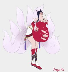 ahri black_hair clothed female fox_ears fox_tail freyahart kitsune league_of_legends multiple_tails oral_vore ripped_clothing riven same_size_vore vore white_fur yellow_eyes