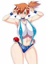 1girls alternate_body_type alternate_breast_size armpits big_breasts busty child_bearing_hips double_v erect_nipples_under_clothes green_eyes heart huge_breasts kasumi_(pokemon) kinokoallstars midriff navel nintendo orange_hair pokemon puffy_nipples shorts side_ponytail smile suspenders thick_thighs voluptuous wide_hips