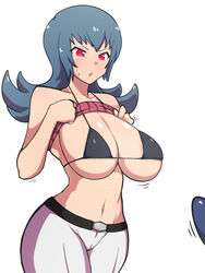 belt blue_hair breasts crop_top dd_(artist) game_freak gym_leader leggings medium_hair nintendo pants pink_crop_top pokemon pokemon_hgss pokemon_rgby sabrina_(pokemon) sabrina_(pokemon_hgss) skimpy_bikini tummy white_leggings