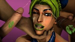 3d chin_grab clothed clothing cum cum_in_mouth cumshot female female_protagonist green_eyes green_hair jojo's_bizarre_adventure jolyne_kujo kiss_mark ksrybye lipstick nude sfm smile smiling source_filmmaker stone_ocean