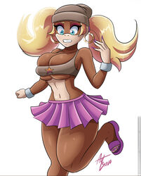 1girls anthro ape big_breasts donkey_kong_(series) embarrassed female female_only nintendo ponytails skirt small_clothes solo somariamoon tiny_kong