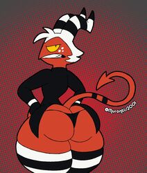 2021 angry anthro ass ass_cleavage big_butt butt_crack clothed clothing demon digital_media_(artwork) hair helluva_boss horn imp looking_at_viewer male male_only moxxie_(helluva_boss) murontis2001 not_furry open_mouth pointy_tail red_body sharp_teeth snarling solo tagme teeth text thick_thighs thong topwear underwear vivienne_medrano watermark white_hair