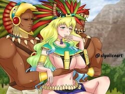 1girls 2boys american_mythology aztec_mythology big_breasts blonde_hair dark-skinned_male dark_skin deity female goddess hands_on_breasts hands_under_breasts long_hair male meme miss_kobayashi's_dragon_maid monster_girl mythology parody public_domain quetzalcoatl_(dragon_maid) servants_holding_aphrodite's_breasts_(meme) slyaliceart