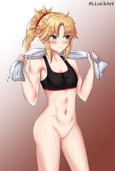 1girls blonde_hair fate_(series) female female_only fit fit_female gradient_background green_eyes llukik mordred_(fate) no_panties nopan small_breasts solo solo_female sports_bra sweat towel towel_around_neck