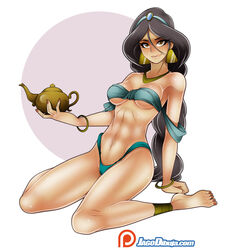 1girls aladdin anklet arabian belly_dancer big_butt bikini black_hair brown_eyes disney disney_princess genie_lamp harem_girl harem_outfit jago_dibuja kneeling large_breasts long_hair princess_jasmine royalty seductive voluptuous wariza wide_hips