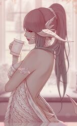 1girls au_ra back coffee coffee_mug female female_only final_fantasy final_fantasy_xiv lipstick long_hair pink_hair ponytail raen solo soranamae sweater tail