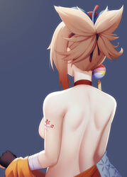 arm_tattoo back bandaged_arm bandages bare_back bare_shoulders black_gloves blonde_hair blush breasts choker commentary female fingerless_gloves from_behind genshin_impact gloves hair_ornament highres japanese_clothes kimono kirisame_koiiro medium_breasts orange_kimono ponytail sideboob solo tattoo tied_hair topless undressing yoimiya_(genshin_impact)