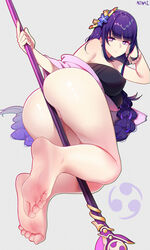 1girls ass bare_legs barefoot between_buttocks big_breasts bottomless breasts feet female genshin_impact hi_res holding_object_between_buttocks huge_ass legs looking_at_viewer ninai polearm purple_eyes purple_hair raiden_shogun soles thighs toes weapon weapon_between_ass weapon_between_buttocks