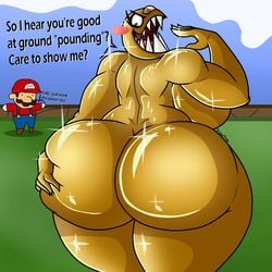 1:1 1boy 1girls absurd_res ass big_ass big_breasts big_butt breasts butt chain_chomp chompy_(turismoturbo) clothing curvy_figure dat_ass dialogue digital_media_(artwork) duo english_text eyelashes female gold gold_body gold_chain_chomp hand_on_ass hand_on_butt hat headgear headwear hi_res holding_ass holding_butt huge_ass huge_breasts huge_butt human humanoid invalid_tag male male_human/female_humanoid mammal mario mario_(series) nintendo nude open_mouth original_character outside sharp_teeth smile super_mario_bros. t-pose taunting teeth text text_on_clothing text_on_hat text_on_headwear thick_thighs turismoturbo video_games voluptuous wide_hips yellow_body