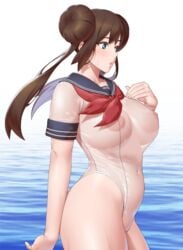 1girls 2021 :o alternate_breast_size areolae bare_legs belly_button blue_eyes breasts brown_hair erect_nipples erect_nipples_under_clothes female female_focus female_only highleg_swimsuit hips large_areolae large_breasts long_hair looking_forward nintendo nipples nipples_visible_through_clothing one-piece_swimsuit open_mouth pokemon pokemon_bw2 rosa_(pokemon) sailor_collar see-through see-through_clothing simple_background slim_waist sung_park swimsuit thick_thighs thighs twin_buns twintails water white_background white_swimsuit wide_hips