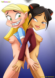 2girls asian black_hair blonde_hair blue_background blue_eyes blush braceface braces breasts female female_only female_protagonist green_eyes interracial maria_wong multiple_girls nipples sharon_spitz shirt_lift teenager yuri yurihaven.com