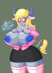 alternate_species alyrise anthro anthrofied areola big_breasts blonde_hair blush bottomwear bovid bovine breasts clothed clothing derp_eyes derpy_hooves female friendship_is_magic hair hasbro hi_res huge_breasts mammal my_little_pony nipples open_clothing open_shirt open_topwear shirt skirt solo thick_thighs topwear wide_hips yak