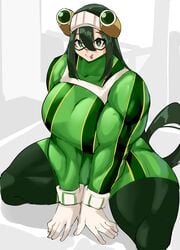 breasts busty female froppy gloves goggles goggles_on_head green_eyes green_hair hero_outfit_(mha) large_breasts long_hair looking_at_viewer muscles musctonk muscular muscular_female muscular_thighs my_hero_academia solo thick_thighs tsuyu_asui