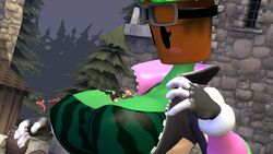 between_breasts big_breasts blaster_master breasts cleavage funny green_skin heavy_weapons_guy kanna_(blaster_master) larger_female macro mob_face palpatinedewit plantie size_difference smaller_male sniper_rifle surprised tagme team_fortress_2