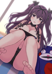 1girls bikini black_bikini boob_window breasts cameltoe cleavage feet hair_ribbon highres knees_together_feet_apart knees_up legs legs_together long_hair looking_at_viewer murasaki_(senran_kagura) nintendo_switch on_floor open_mouth playing_games purple_eyes purple_hair ribbon senran_kagura sitting soles swimsuit thick_thighs thighs toenails toes twintails