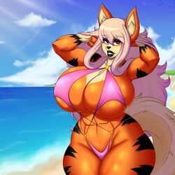 1girls absurd_res animal_ears arcanine arms_behind_head beatrice_(luchodraws) big_breasts black_eyeshadow black_lips blue_eyes breast_squeeze curvaceous detailed_background female female_only furry humanized legs_together long_hair looking_at_viewer luchodraws narrowed_eyes nintendo pokemon pokemon_(species) pokemorph seaside sky slightly_chubby slingshot_swimsuit solo solo_female sunlight swimsuit thick_thighs tight_clothing white_hair wide_hips