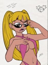 1boy 1girls arnold_shortman artist_signature bikini blonde_hair brat breasts cleavage disembodied_head female female_focus fingernails garabatoz helga_pataki hey_arnold! hourglass_figure long_hair male nail_polish navel nickelodeon pink_nails smug sunglasses swimsuit tsundere twintails verbal_abuse white_background