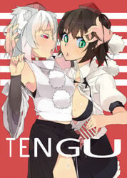 animal_ears aqua_eyes artificial_vagina black_hair collar eightman english_text eyelashes futanari intersex momiji_inubashiri multiple_girls red_eyes saliva saliva_trail shameimaru_aya tenga tengu text tokin_hat tongue touhou white_hair wolf_ears