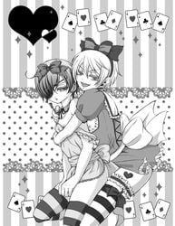 2boys alice_in_wonderland alois_trancy bottomless ciel_phantomhive cosplay costume crossdressing fairy_tales femboy kuroshitsuji literature male monochrome multiple_boys public_domain thighhighs trap