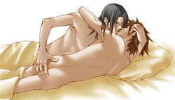 2boys arm_around_neck artist_request ass ass_grab back bare_back bed bed_sheet black_hair brown_hair glasses hug human human_only imminent_kiss jin_(samurai_champloo) long_hair lying male male_only mugen_(samurai_champloo) multiple_boys multiple_males nude on_bed on_side on_stomach pillow samurai_champloo short_hair yaoi