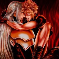 2boys blonde_hair blonde_hair_bottom cloud_strife domination final_fantasy final_fantasy_vii gay light_hair_on_dark_hair male male_only multiple_boys muscle penis sephiroth smooth_skin tear white_hair white_hair_on_blonde_hair white_hair_top yaoi