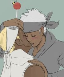 2boys artist_request blonde_hair blush dark_skin gay killer_bee kissing male male_only multiple_boys multiple_males naruto omoi white_hair yaoi