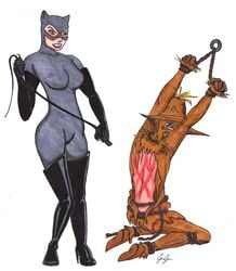 1boy 1girls artist_signature batman_(series) big_breasts catwoman dc dc_comics female femdom gloves high_heel_boots long_gloves male scarecrow_(dc) straight_hair thigh_boots unknown_artist violence whip whip_marks whipping