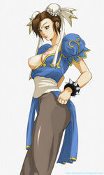 bloocarrot bracelet breasts brown_eyes brown_hair china_dress chun-li double_bun female female_only human looking_down nipples open_clothes pantyhose sash solo spiked_bracelet straight_hair street_fighter white_background