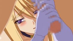 1boy 1girls animated blonde_hair blue_eyes blush censored gloved_handjob gloves handjob kuroda_kazuya light-skinned_female light-skinned_male light_skin looking_at_penis ova penis princess_lover silvia_van_hossen two-handed_handjob