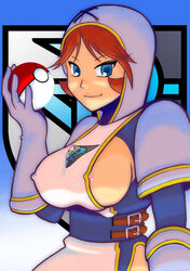 1girls areolae belt blue_eyes breasts brown_hair clothed erect_nipples eyelashes female female_team_plasma_grunt female_team_plasma_grunt_(pokemon_bw) gloves holding hood human large_breasts looking_at_viewer nintendo nipples poke_ball pokemon pokemon_bw red_hair sideboob smile solo team_plasma team_plasma_grunt team_plasma_grunt_(female) team_plasma_grunt_(pokemon_bw)