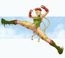 arms_up blonde_hair bloocarrot blush breasts cammy_white clothes female female_only gloves hair hat human long_hair nipples open_mouth pussy pussy_juice solo straight_hair street_fighter tied_hair torn_clothes twintails uncensored