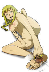 anus areolae barefoot blonde_hair blush breasts cum cum_on_lower_body cum_on_soles feet female foot_fetish footjob medium_breasts medusa_gorgon meteorreb0rn nipples nude penis slit_pupils soul_eater tattoo toejob toenail_polish toes uncensored yellow_eyes