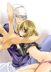 aoki_yuriko bakuman blonde_hair blue_hair blush breasts brown_eyes dated duo female foreshortening fukuda_shinta hands hat kanna_(plum) looking_at_viewer mole navel open_mouth outstretched_hand panties purple_panties short_hair signature silver_hair underboob underwear undressing