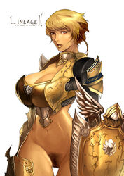 armor blackchain_(rennes) blonde_hair breasts gold_armor highres human large_breasts lineage lineage_2 lineage_ii pubic_hair shield short_hair