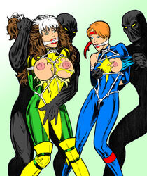 2boys 2girls alison_blaire anna_marie arms_behind_back bondage breasts breasts_out brown_hair colored dazzler femsub gag gagged headband high-heeled_jill imminent_rape kidnapped marvel marvel_comics multiple_subs nipples party_wipe red_hair rogue_(x-men) straight_hair torn_clothes torn_clothing white_hair x-men