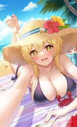 1girls alternate_breast_size barefoot beach big_breasts bikini black_bikini blonde_hair blush breasts busty cleavage crab drink feet feet_up female fukuro_ko_(greentea) genshin_impact happy hat large_breasts looking_at_viewer lumine_(genshin_impact) lying on_stomach selfie smile soles straw_hat toes yellow_eyes