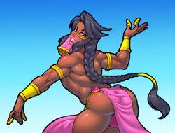 ambush_(trap) ass back black_hair braid brown_eyes bulge dancer dancer_outfit dancing dark-skinned_femboy dark-skinned_male dark_skin femboy harem_outfit loincloth long_hair looking_back lucidartdvc male muscles muscular muscular_femboy muscular_male muscular_trap smile solo toned trap veil